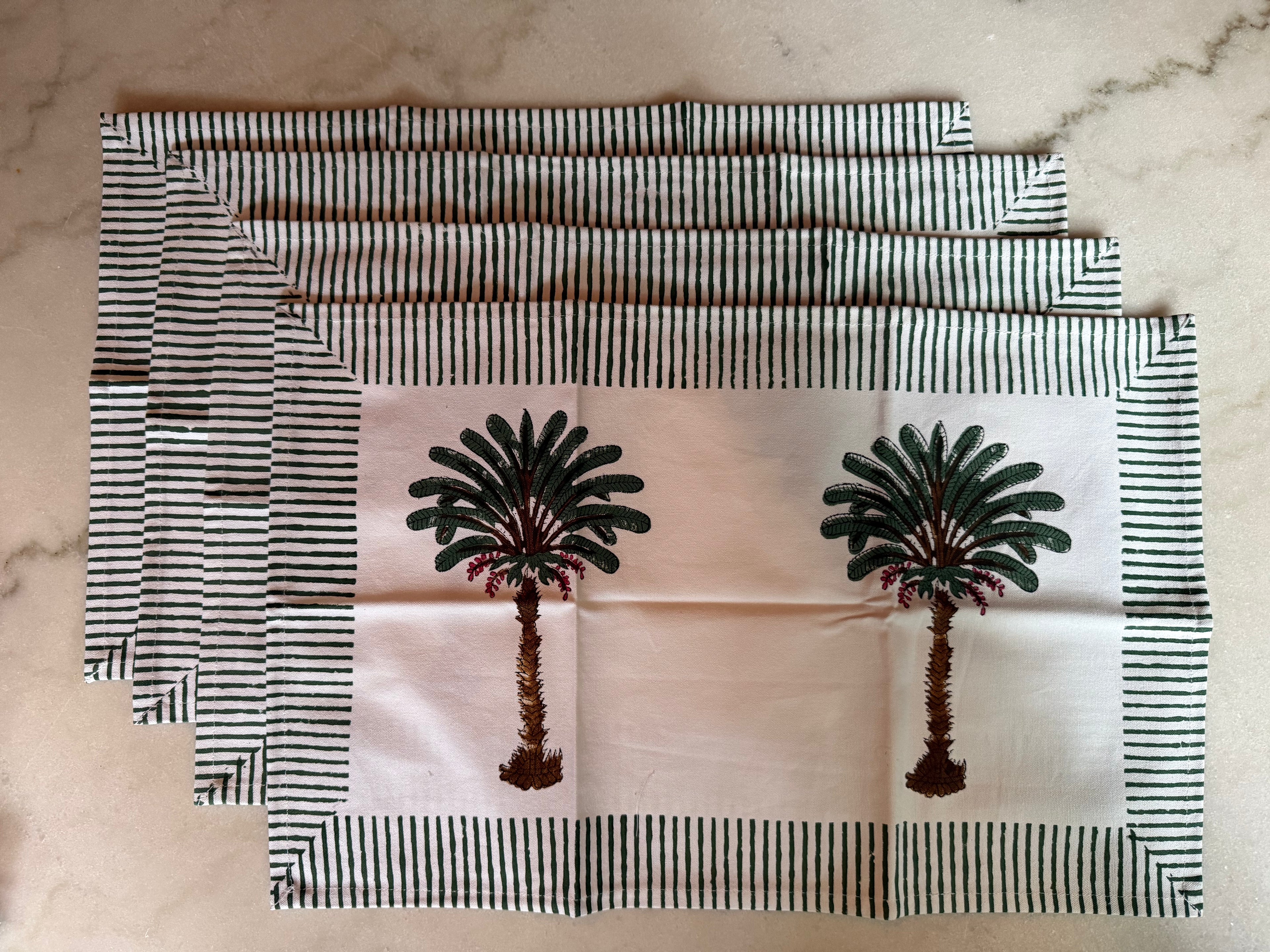 Set of Four Hand Block Printed Palm Tree Cotton Placemats with Napkins