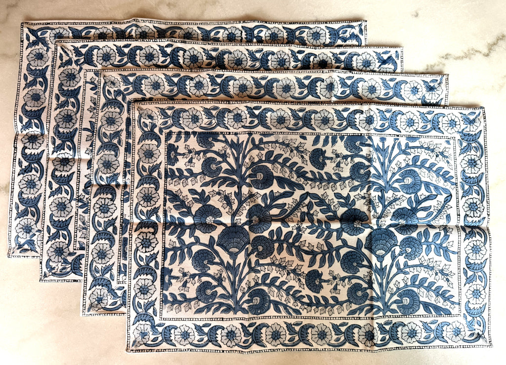 Set of Four Blue and White Block Printed Placemats