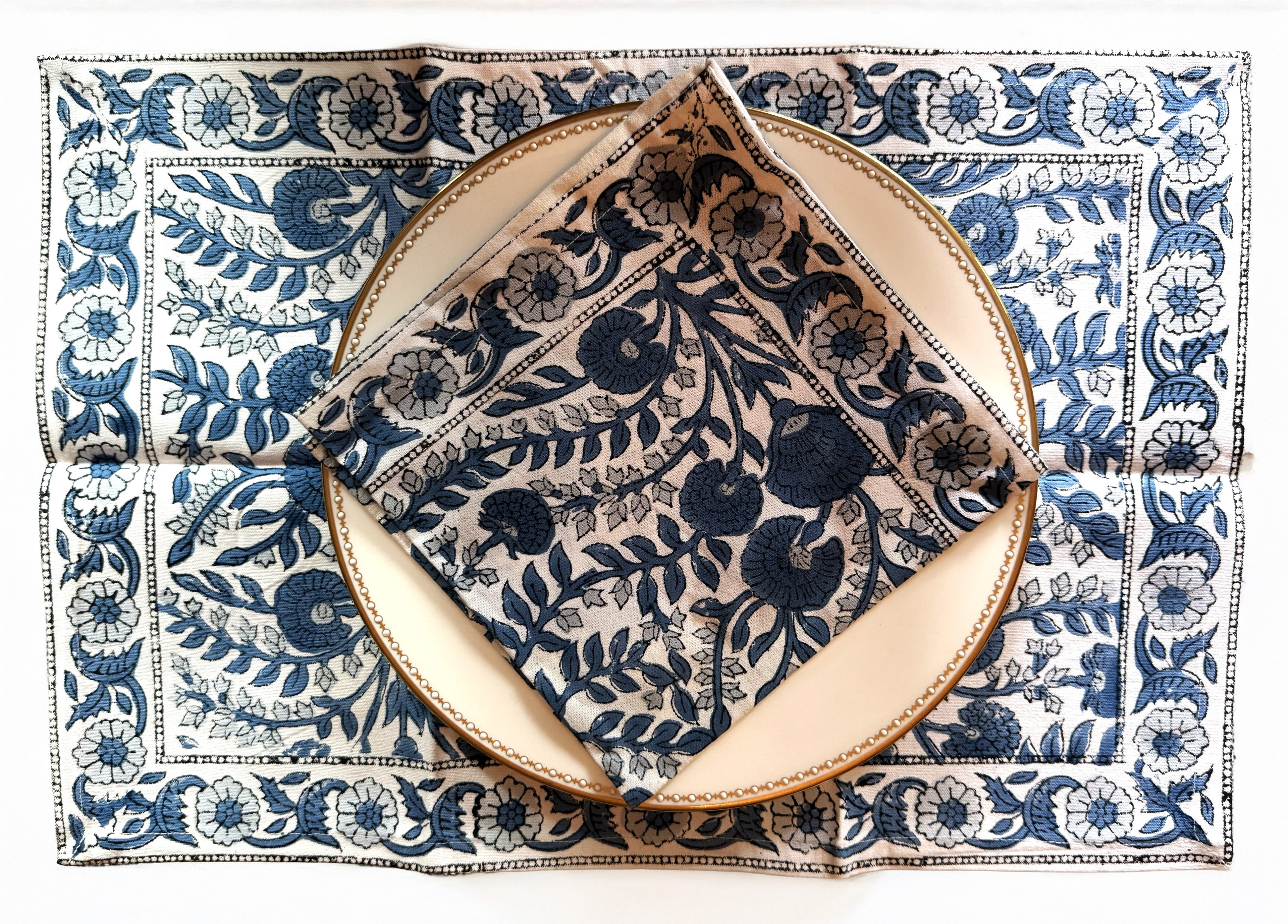 Set of Four Blue and White Block Printed Placemats