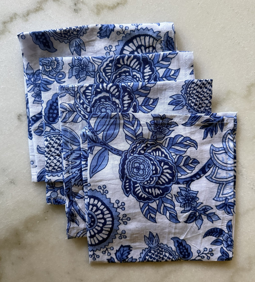Set of Four Blue and White Floral Napkins