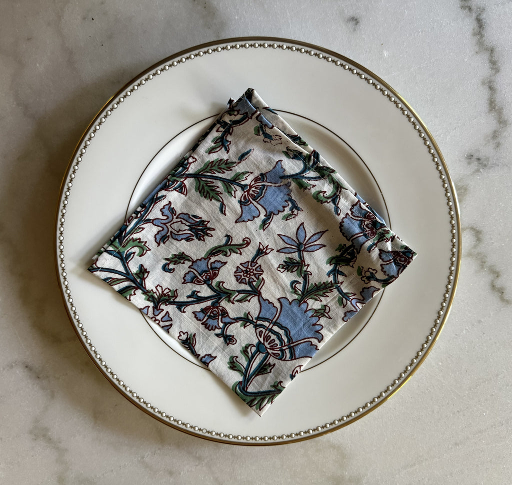 Set of Four Hand Block Printed Napkins with Floral Design