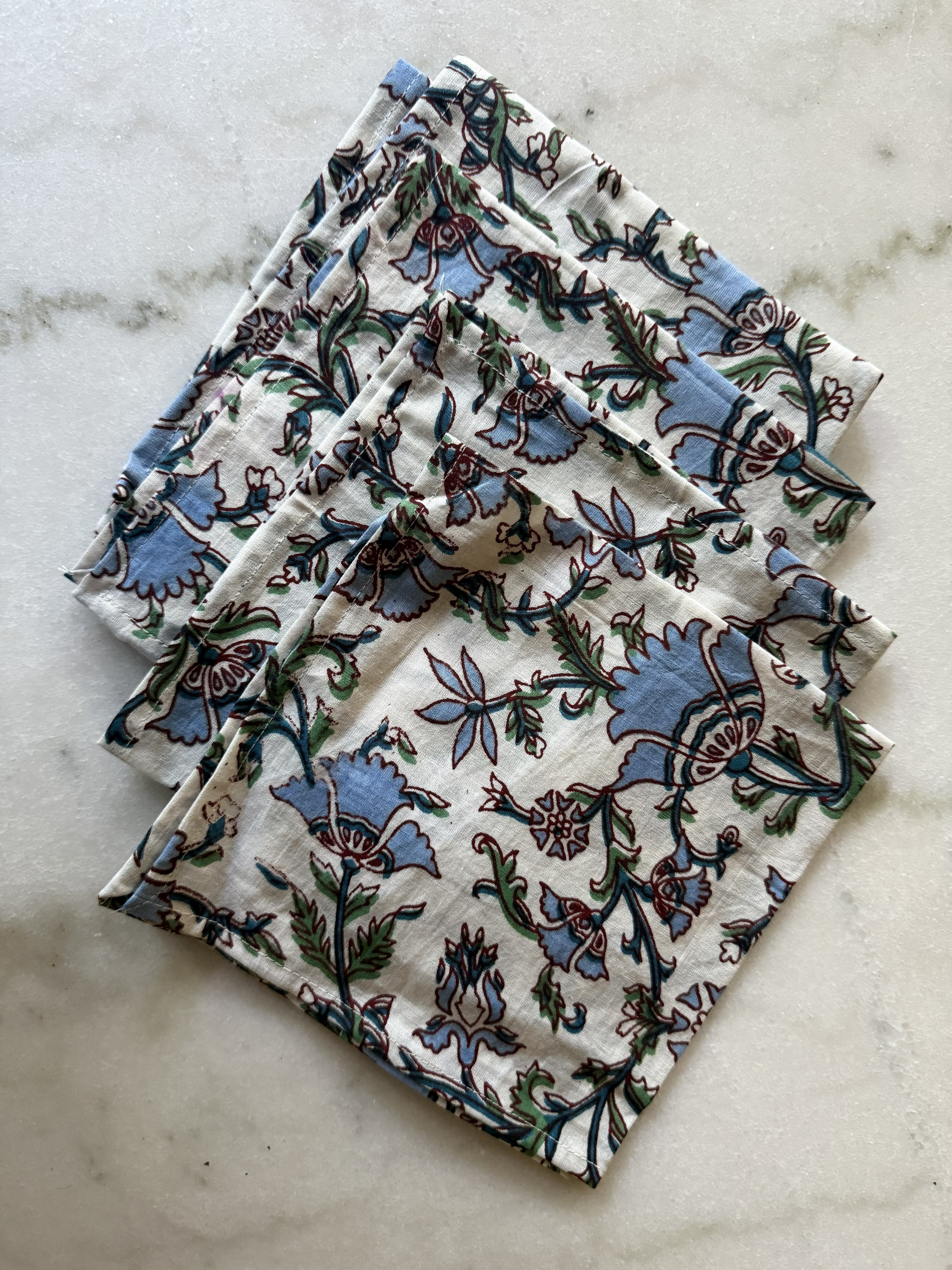 Set of Four Hand Block Printed Napkins with Floral Design