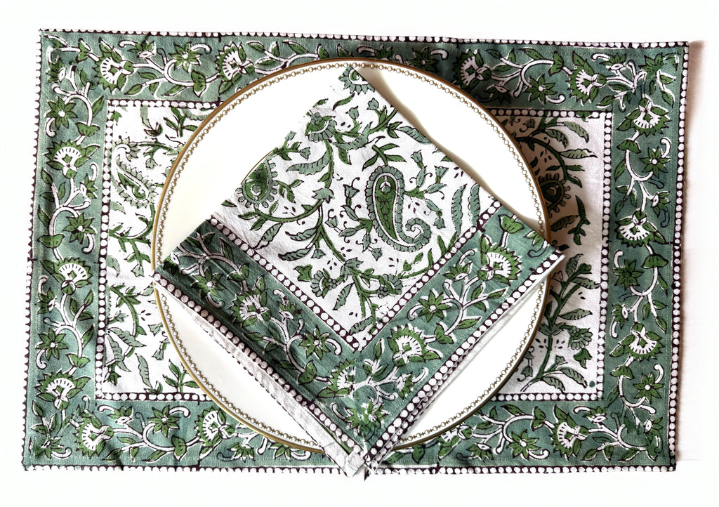 Set of Six Green and White Block Printed Placemats and Napkins