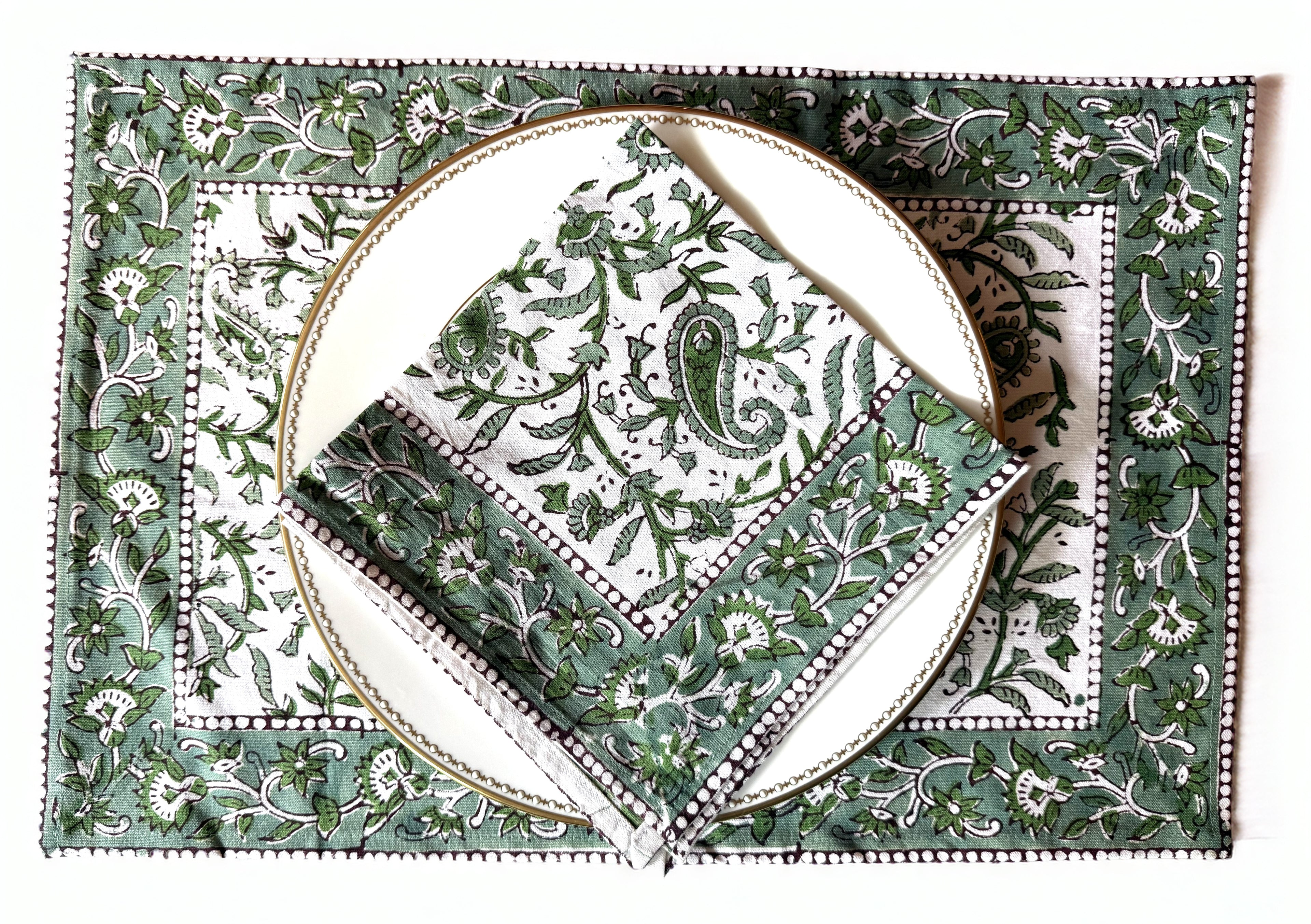 Set of Six Green and White Block Printed Placemats and Napkins