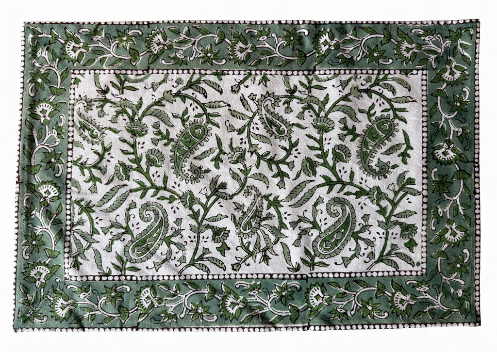 Set of Six Green and White Block Printed Placemats and Napkins