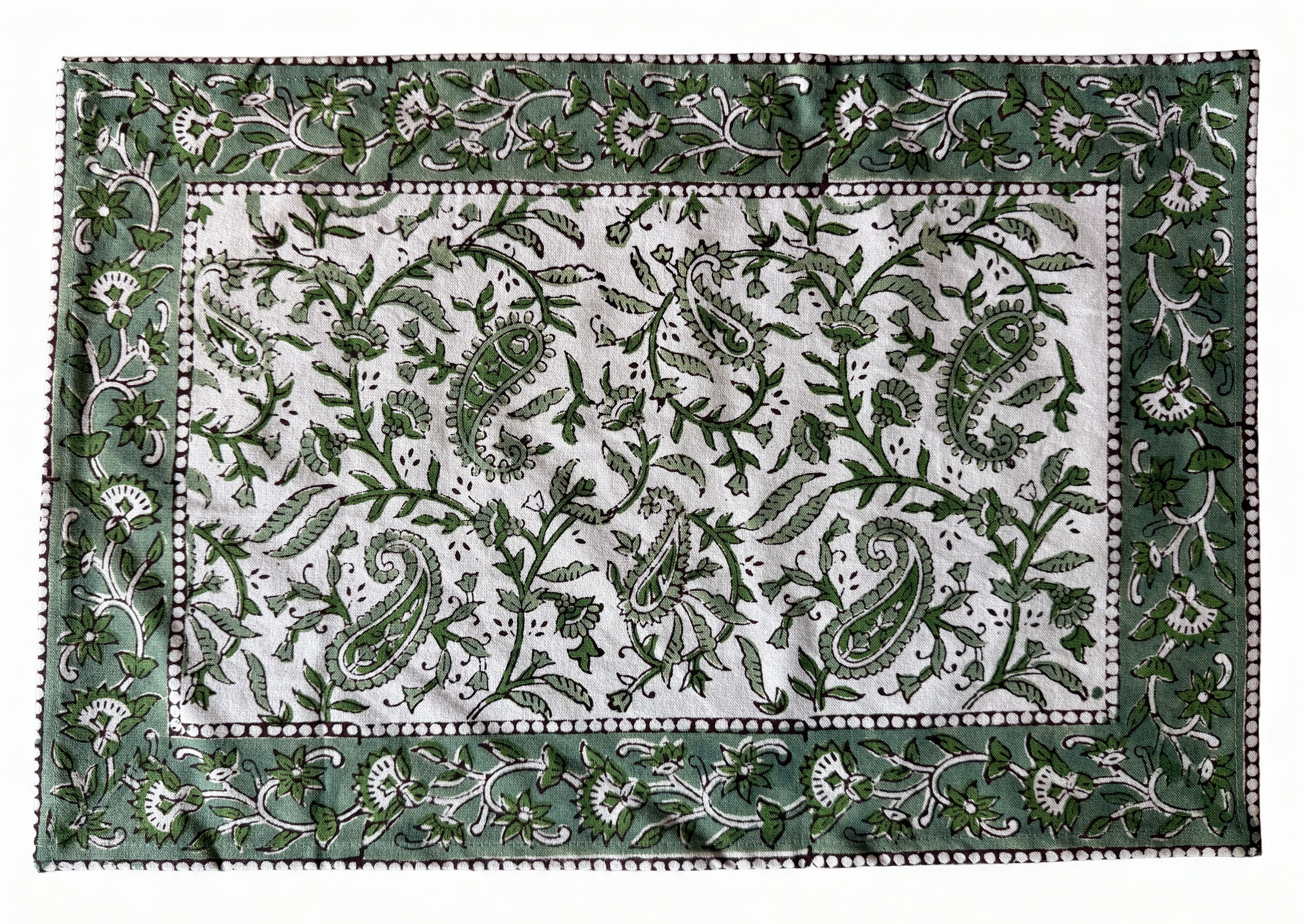 Set of Six Green and White Block Printed Placemats and Napkins
