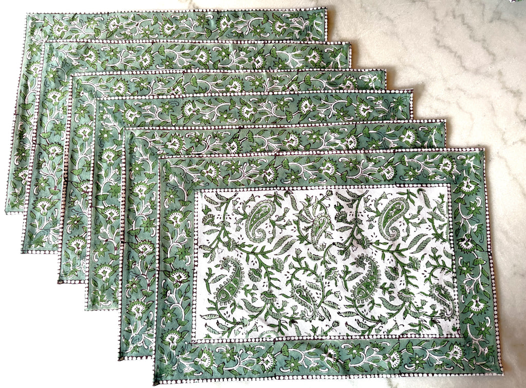 Set of Six Green and White Block Printed Placemats and Napkins