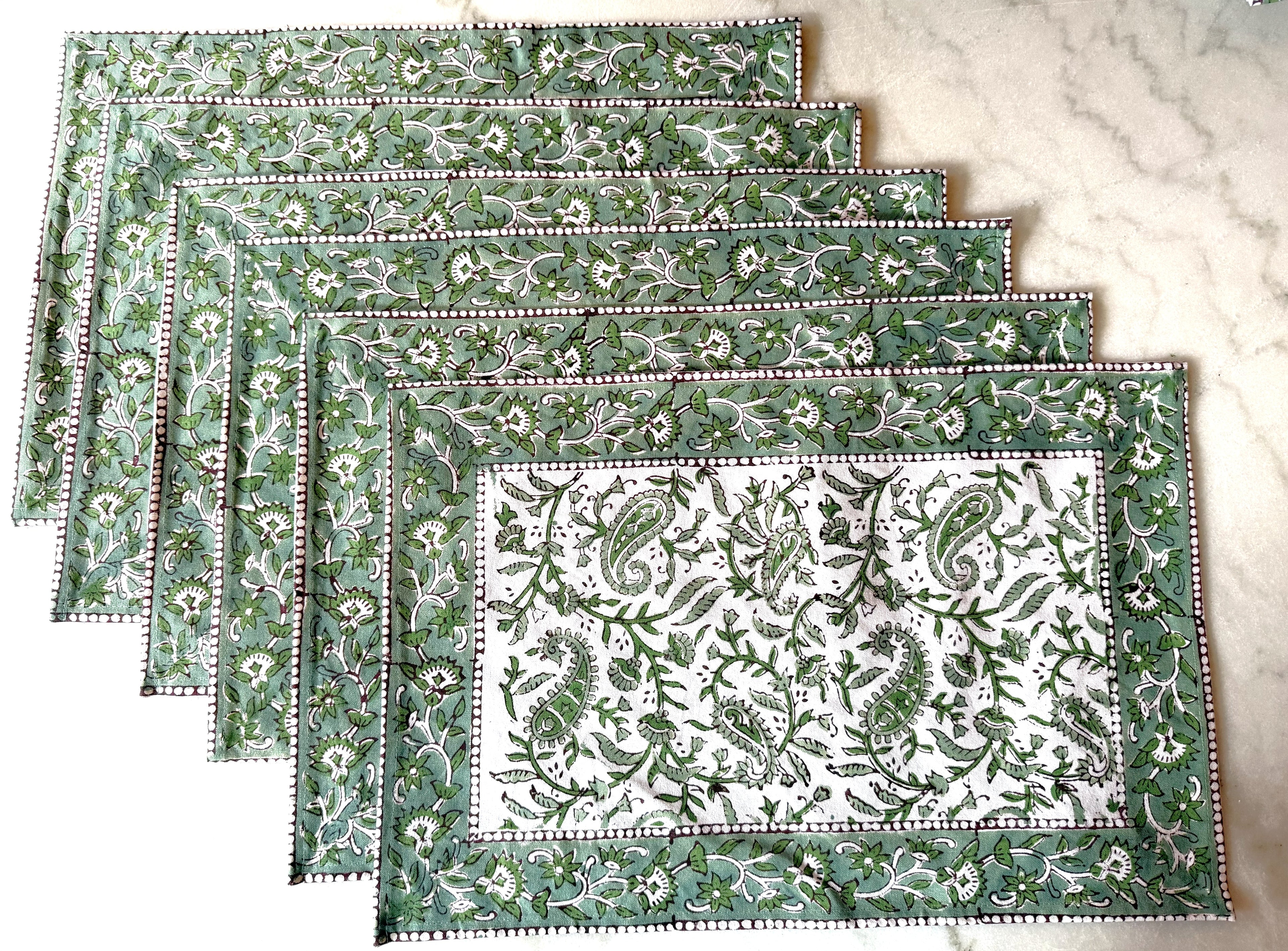 Set of Six Green and White Block Printed Placemats and Napkins