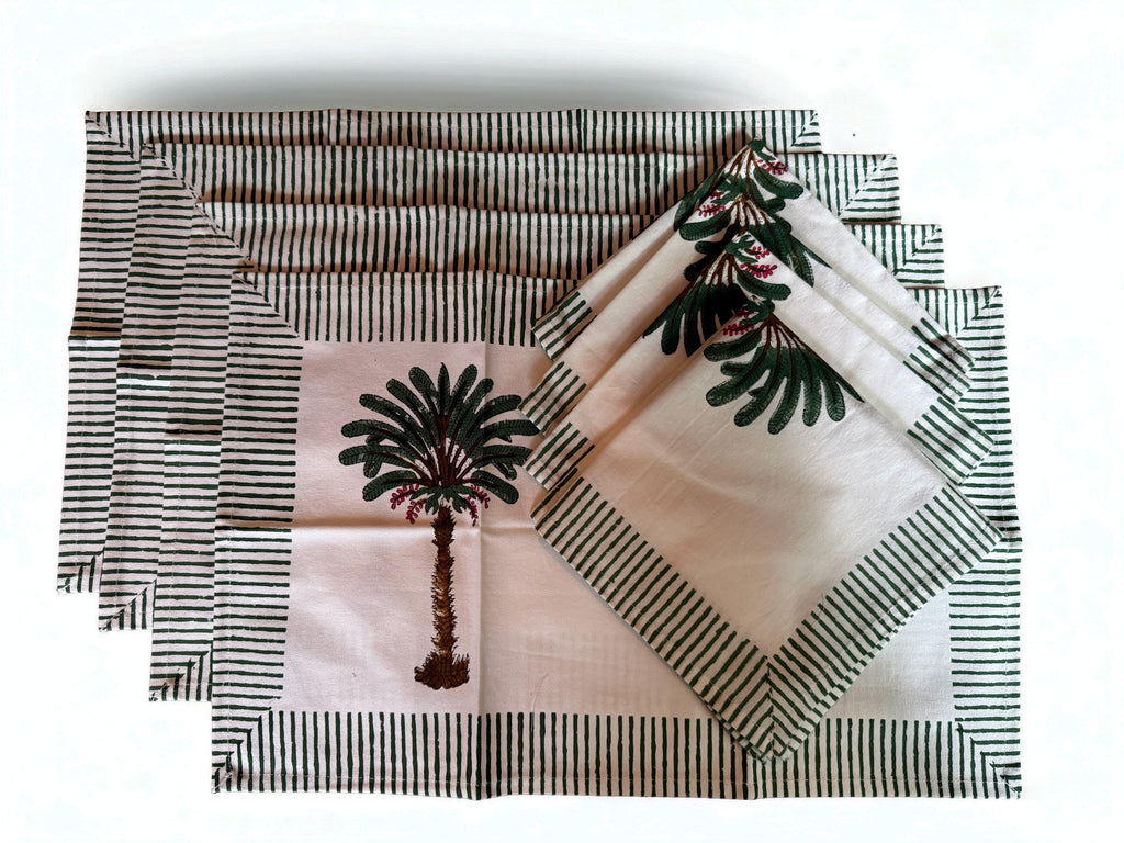 Set of Four Hand Block Printed Palm Tree Cotton Placemats with Napkins