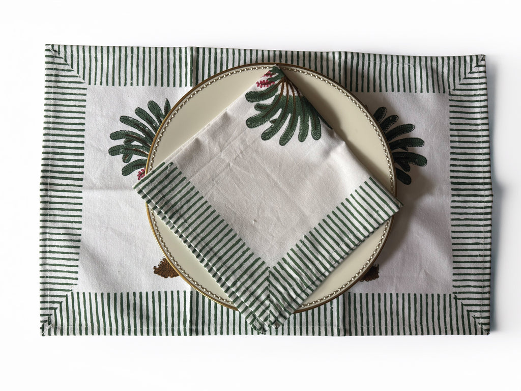 Set of Four Hand Block Printed Palm Tree Cotton Placemats with Napkins