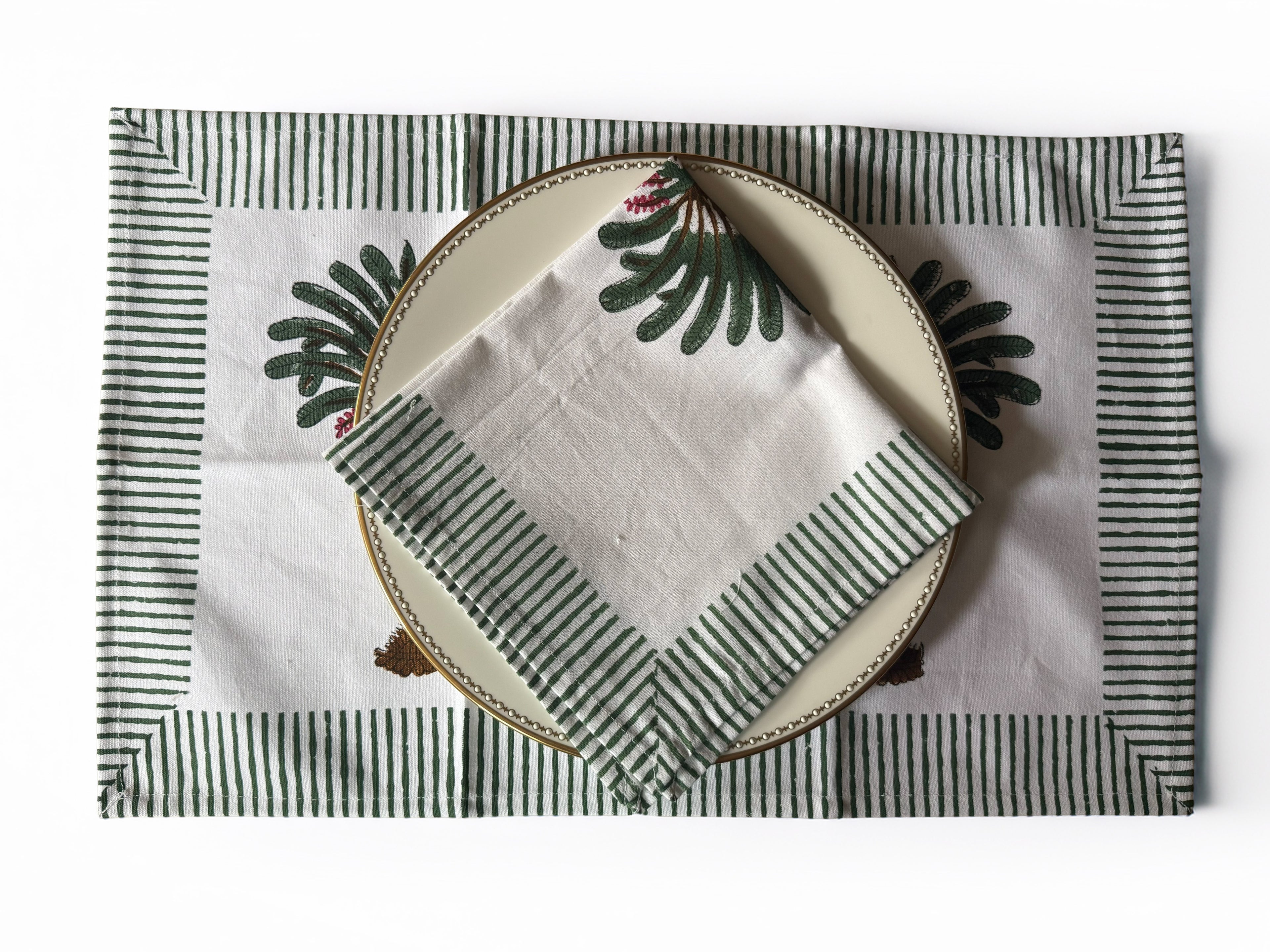 Set of Four Hand Block Printed Palm Tree Cotton Placemats with Napkins