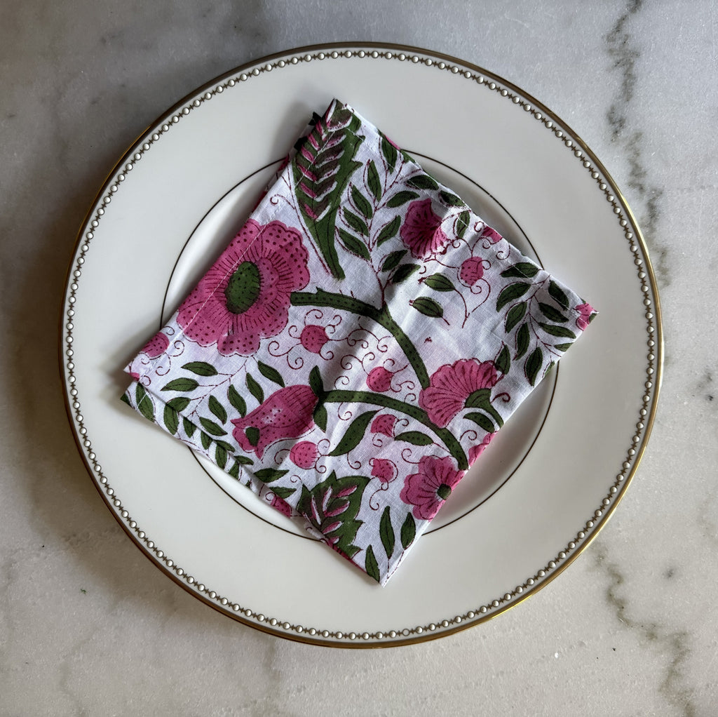 Set of Four Pink Floral Cotton Dinner Napkins