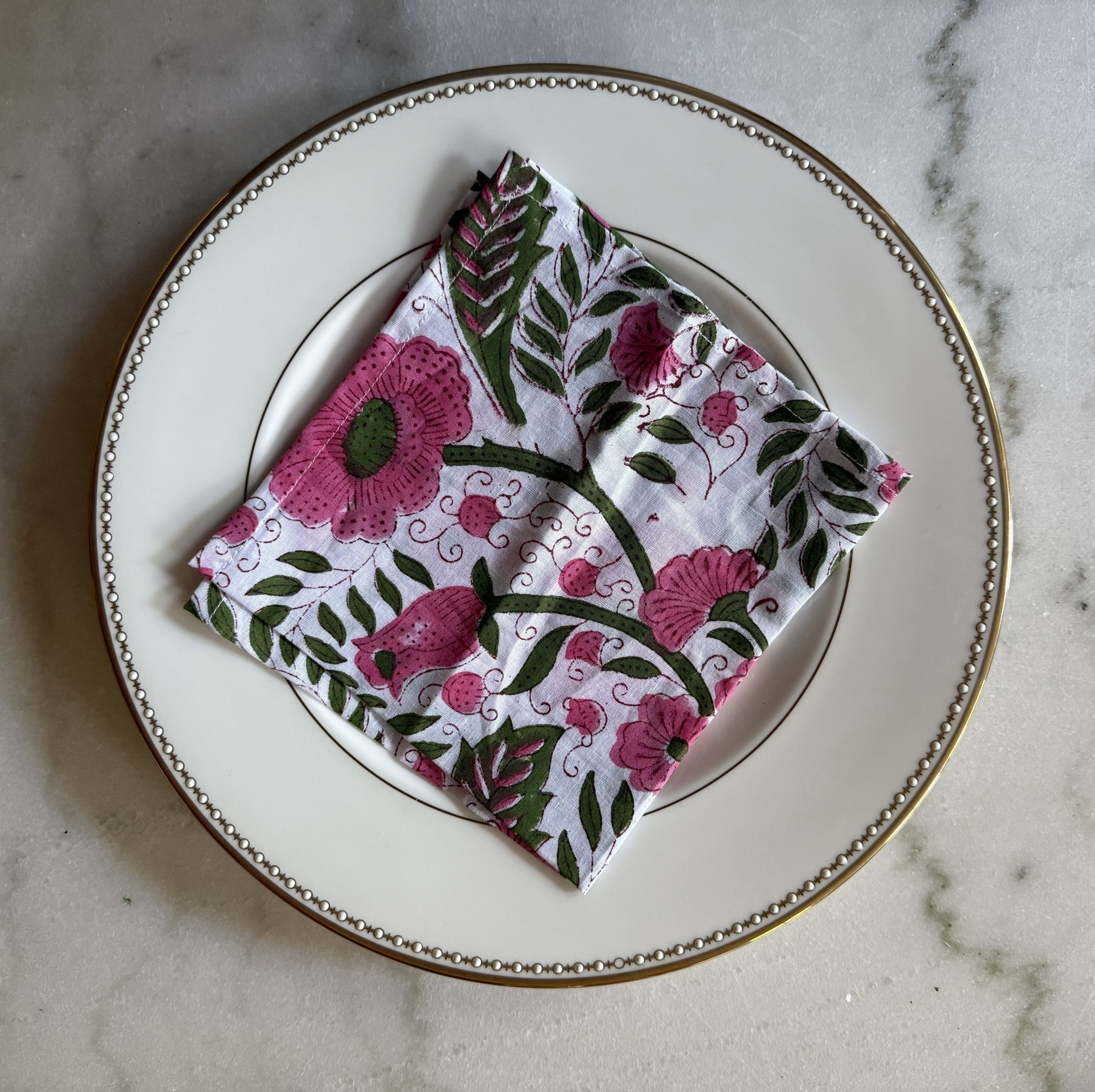 Set of Four Pink Floral Cotton Dinner Napkins