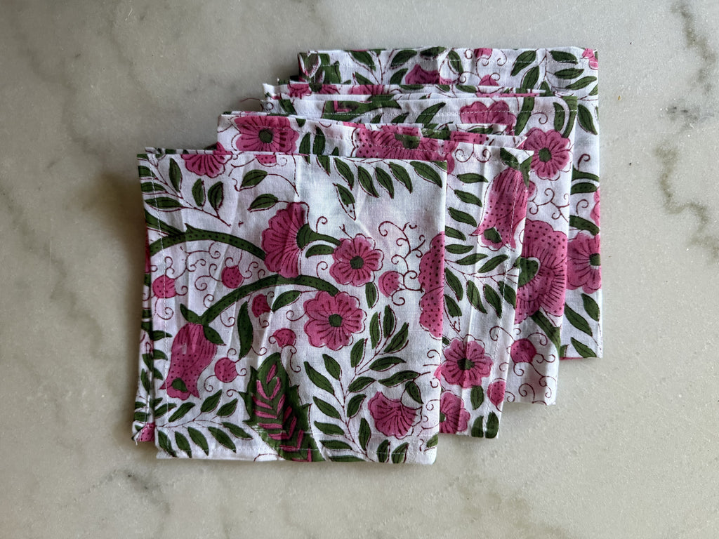 Set of Four Pink Floral Cotton Dinner Napkins