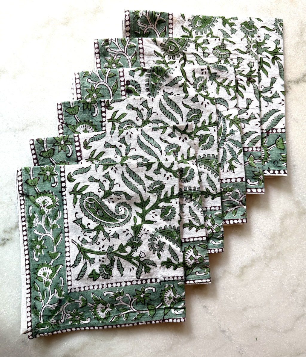 Set of Six Green and White Block Printed Placemats and Napkins