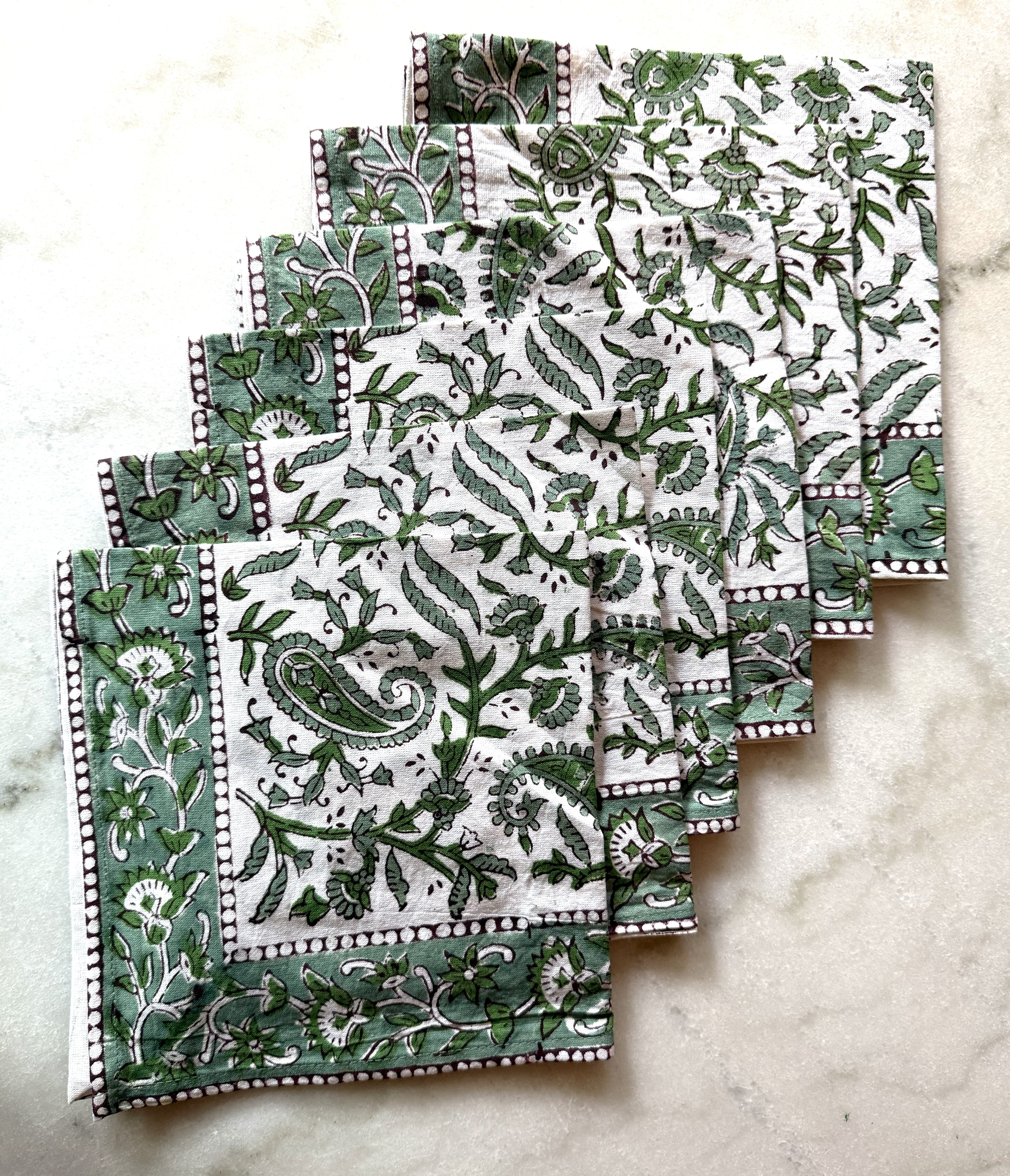 Set of Six Green and White Block Printed Placemats and Napkins