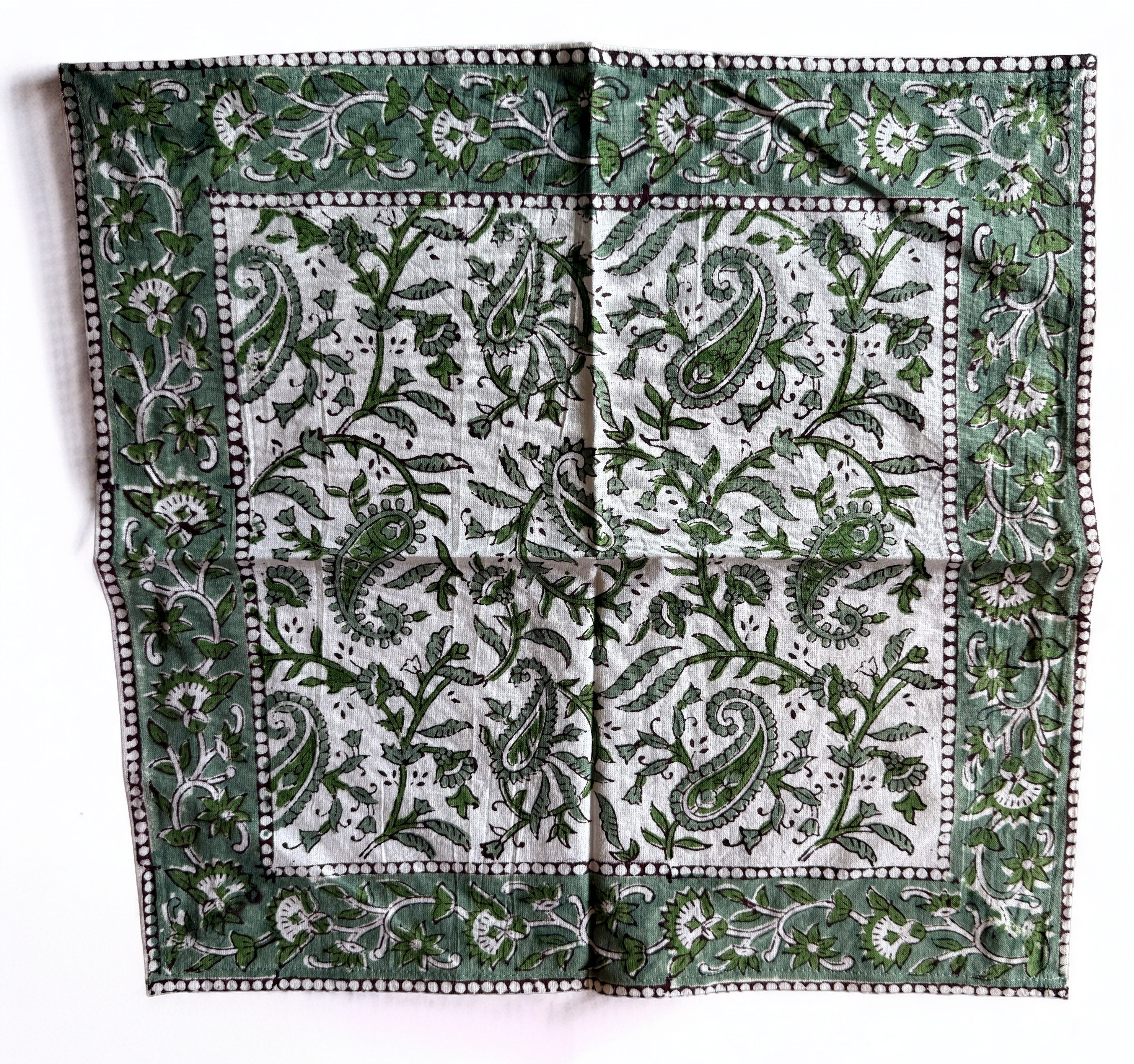 Set of Six Green and White Block Printed Placemats and Napkins