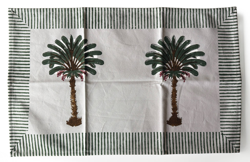 Set of Four Hand Block Printed Palm Tree Cotton Placemats with Napkins