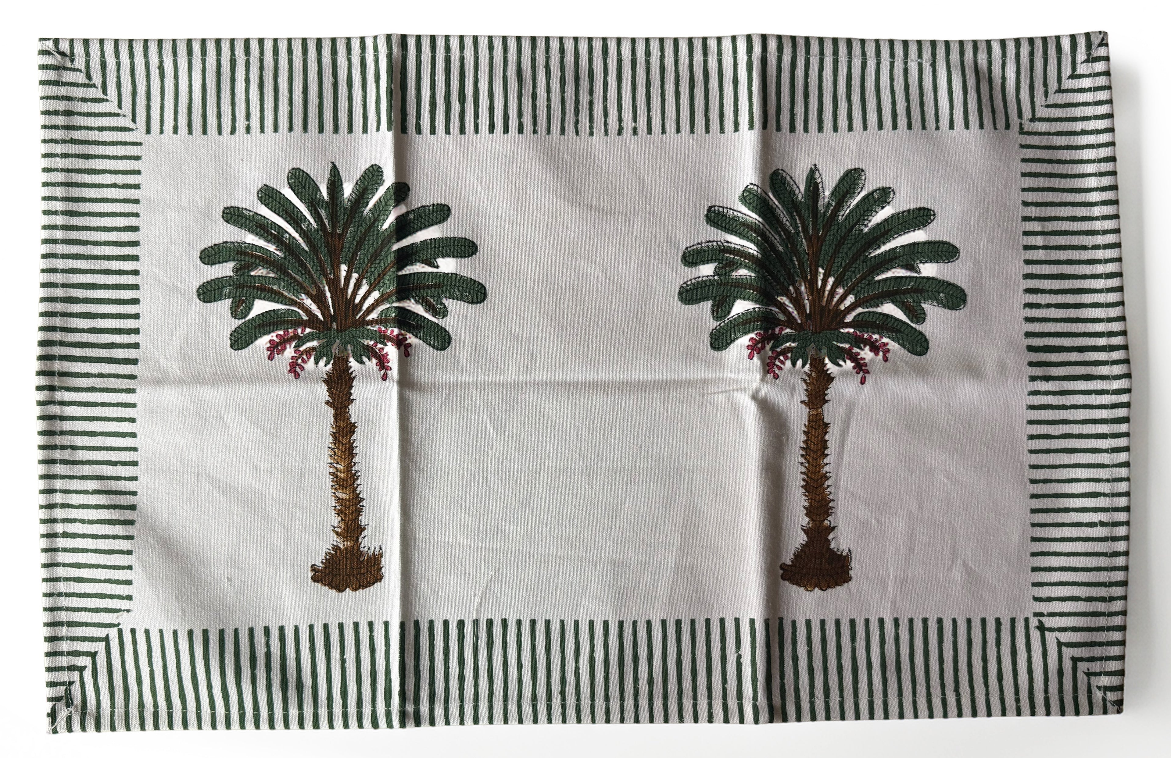 Set of Four Hand Block Printed Palm Tree Cotton Placemats with Napkins