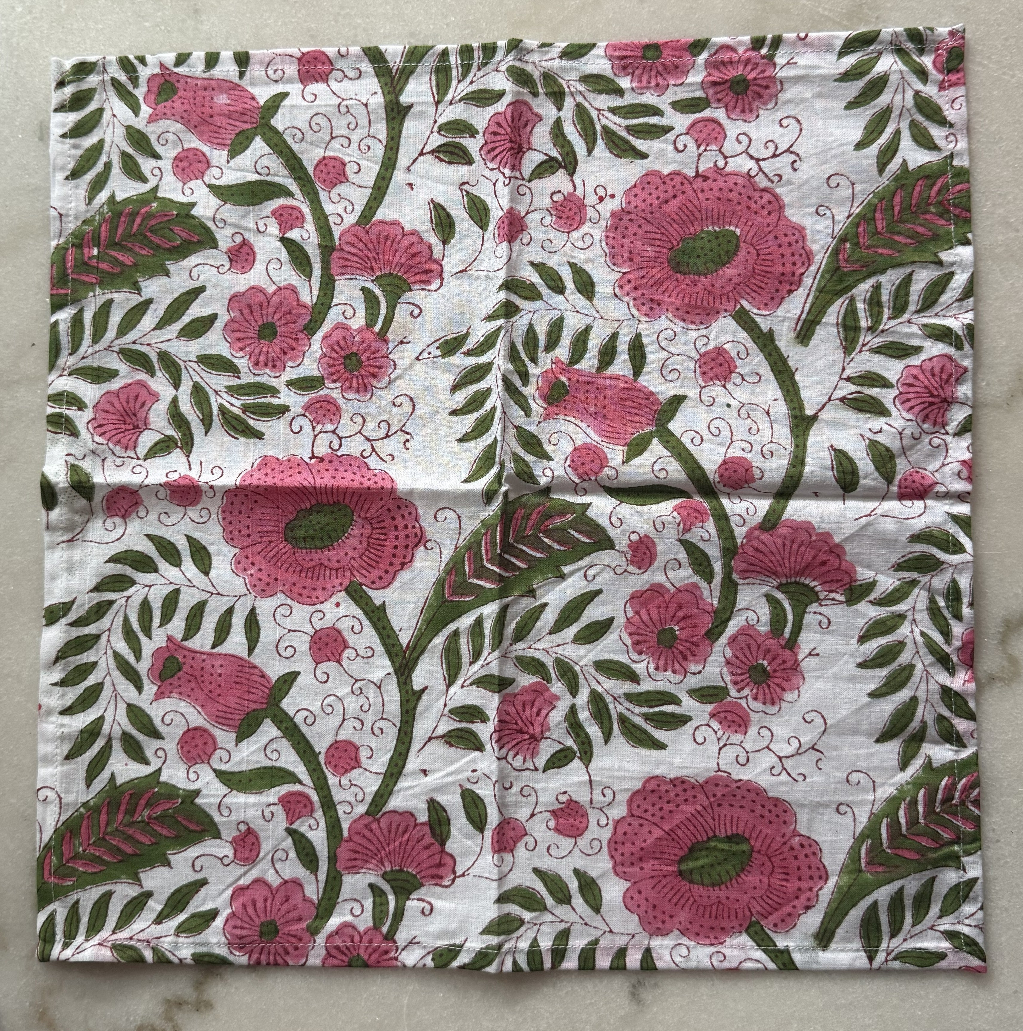 Set of Four Pink Floral Cotton Dinner Napkins